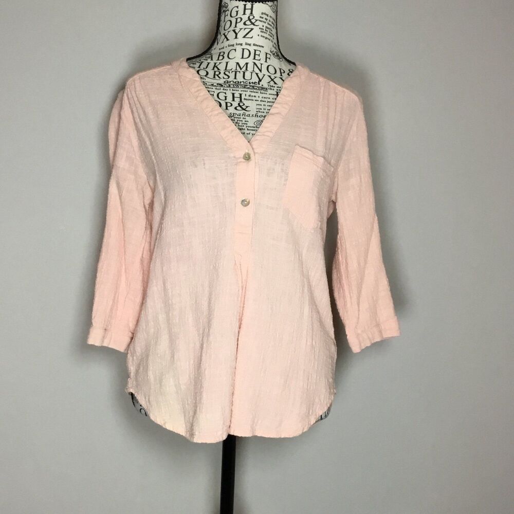 Pink gauzy 100% cotton top 3/4 sleeve vee neck hippie boho beach vacation S